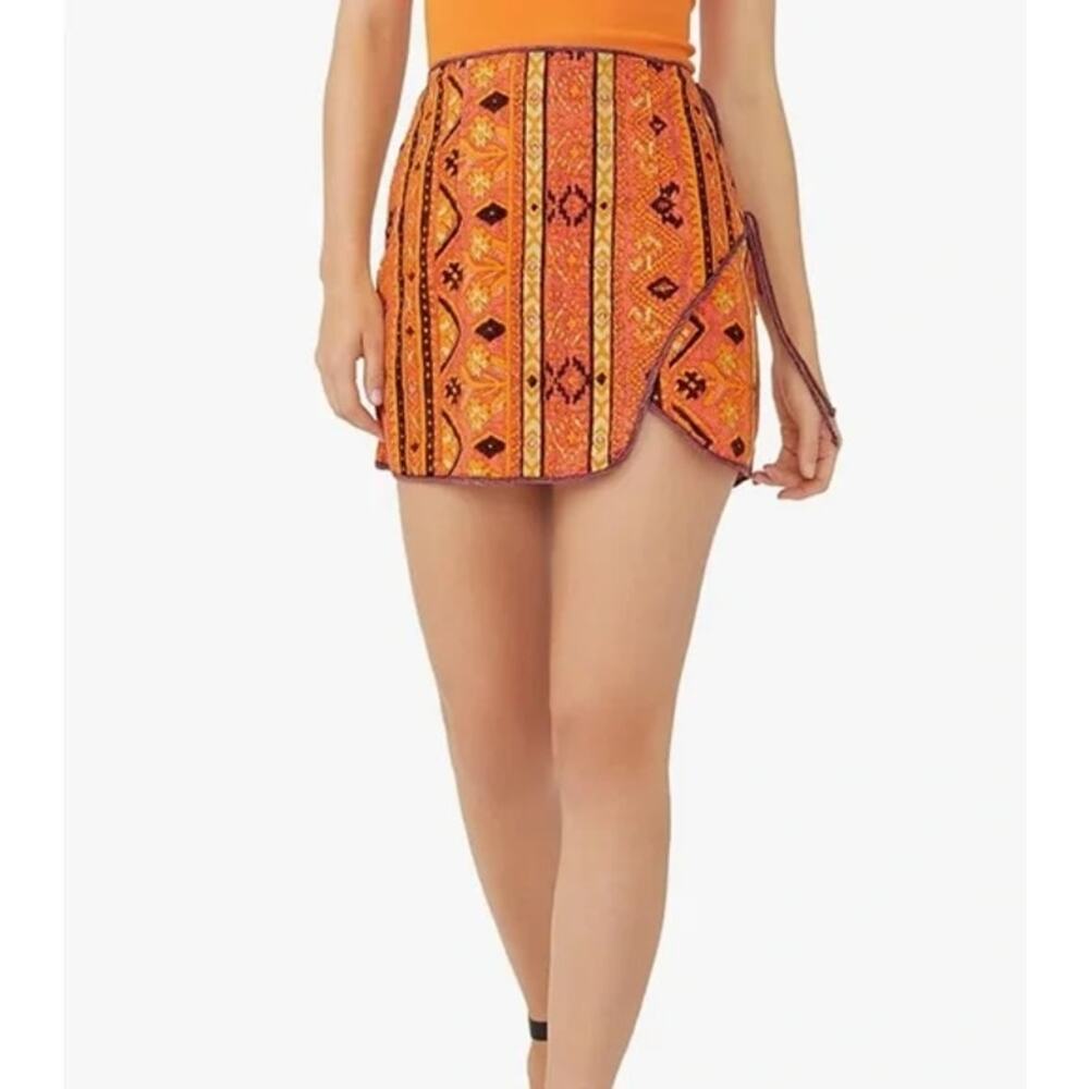 Free People Cleo Printed High Waisted Tie Side Mini Wrap Skirt Orange 8